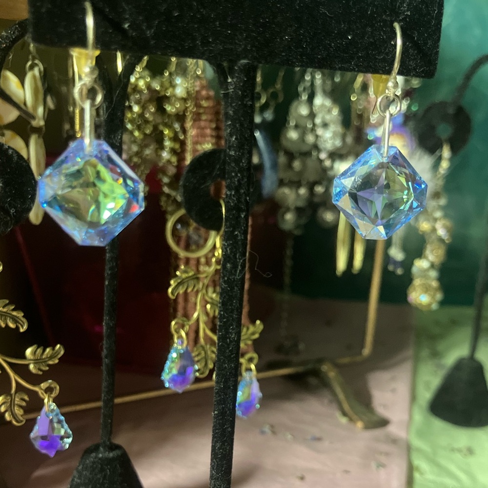 Swarovski Crystal Blue AB Silver Drop Elegant Earrings